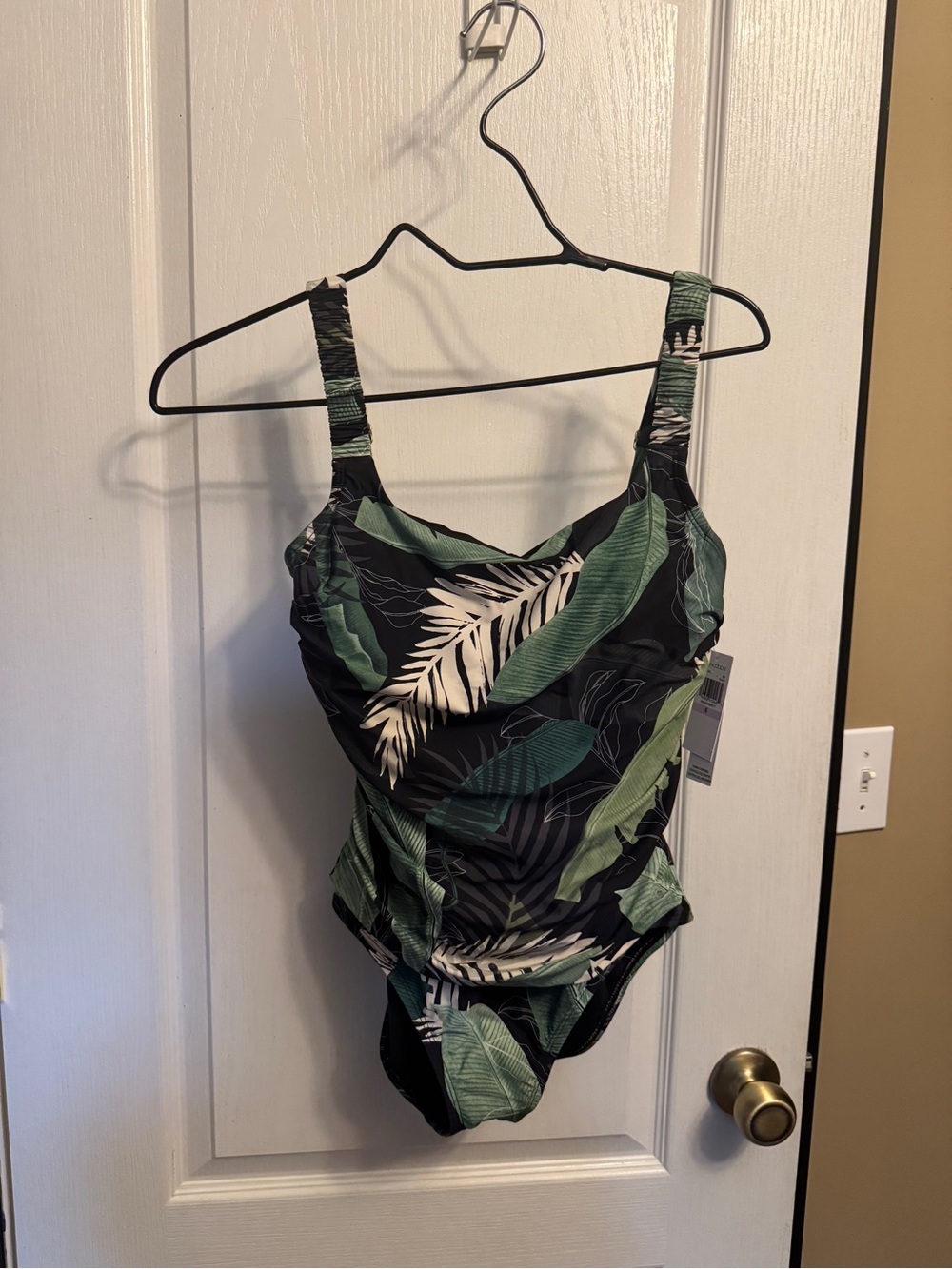 Jantzen Black One-Piece Swimsuit with Green Leaf Print - Tummy Control